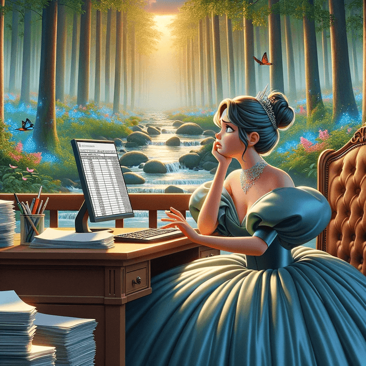 princess sitting at a desk in the forest procrastinating spreadsheet work